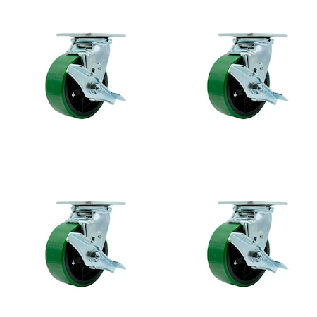Polyurethane on Cast Iron Swivel Top Plate Caster Set of 4 w/5" x 2" Green Wheels - Includes 4 Swivel w/Top Lock Brakes - 4000 lbs Total Capacity - Service Caster Brand